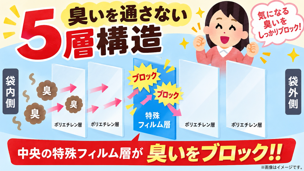 防臭袋NIOGUARDの5層構造を示したイラストで、中央の特殊フィルム層が臭いをブロックする仕組みを説明している画像